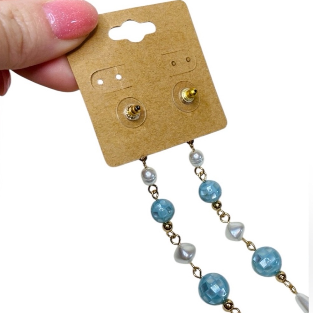 NWOT Blue/Gold-Tone Pearl Beaded Earrings - Picture 6 of 7